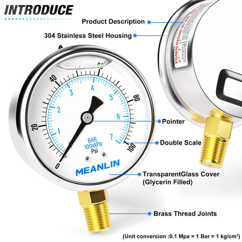 Front view of Meanlin stainless steel pressure gauge, 2.5 in dial, 0–100 psi, liquid-filled, brass 1/4 in NPT connection
