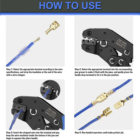 Step-by-step guide using Self Adjusting Wire Terminal Crimping Tool Kit with Ratcheting Crimper for AWG 22 to 16 0.5 to 1.5 mm²