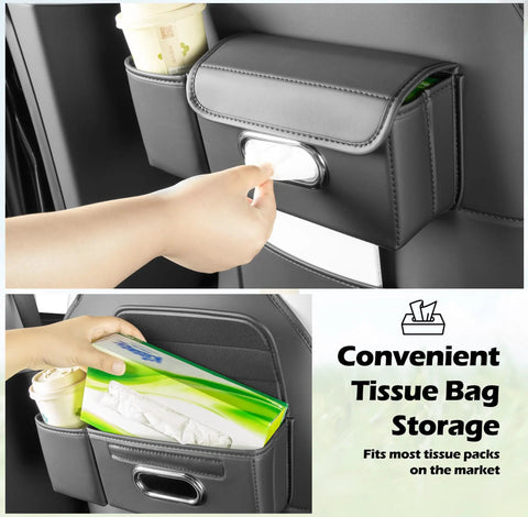 Custom Fit Seat Back Kick Protector And Rear Organizer For Tesla Model Y Model 3 Model S And X with tissue storage and cup holder.