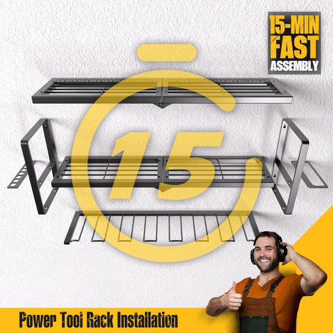 Power Tool Organizer For Gear Storage And Wall Mounted Drill Holder installation guide with fast assembly logo and worker