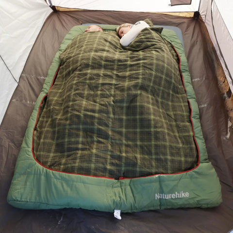 Double Wide Flannel Sleeping Bag For Two With Pillows, All Seasons Camping Gear for Couples And Families, 220x160 cm in tent