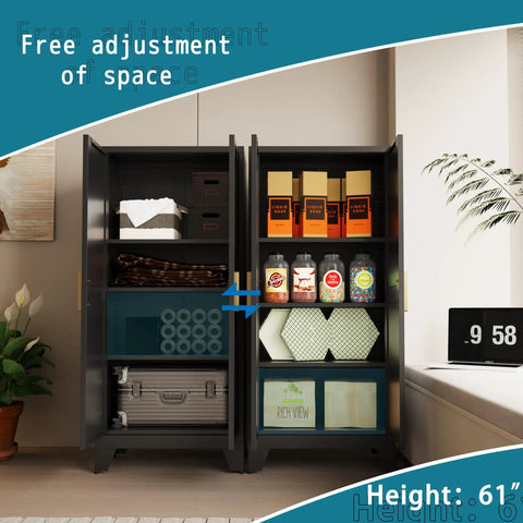 61 Inch Tall Farmhouse Metal Pantry Cabinet With Two Barn Doors And Adjustable Shelves Built To Last Heavy Duty Steel Kitchen Storage Cabinet For Pantry Laundry Room Home Office And Kids Room In Black Finish, front view interior with shelves, bins, and jars