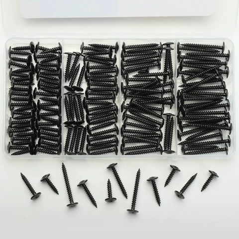 Black Wood Screw Set With Phillips Modified Truss Head Stainless Steel 410 Self Tapping Assortment For Wood And Metal 155 Pieces DIY Ready Sizes Three Quarters Inch To One And A Half Inch in divided box