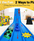 Triple Lane Flexible Race Track for Kids, 20Ft Roll-Up DIY Racetrack on Floor with 1/64 Cars, Includes Box and Storage Bag