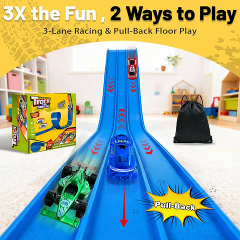 Triple Lane Flexible Race Track for Kids, 20Ft Roll-Up DIY Racetrack on Floor with 1/64 Cars, Includes Box and Storage Bag