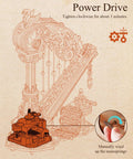 Illustration of the 3D Wooden Harp Music Box Kit For Adults showing mechanical parts and winding instructions.