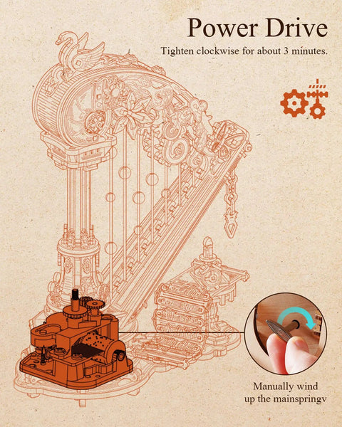Illustration of the 3D Wooden Harp Music Box Kit For Adults showing mechanical parts and winding instructions.