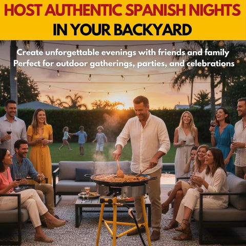 Outdoor gathering with people around Outdoor Paella Burner And Stand Kit With 24 Inch Enamel Pan Dual Propane Stove Regulator.