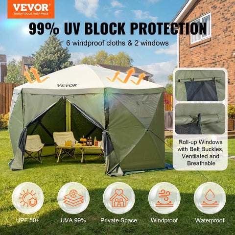 12x12ft Pop Up Gazebo Tent With Mosquito Netting, 6 Removable Wind Panels, 2 Mesh Windows, for Patio, Army Green, UPF50 Sun Protection