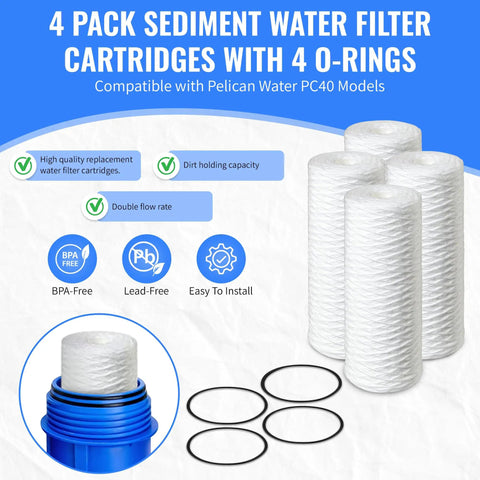 4 Pack Sediment Water Filter Cartridges With O Rings For Pelican PC40 Compatibility, includes image of stacked filters and O-rings.