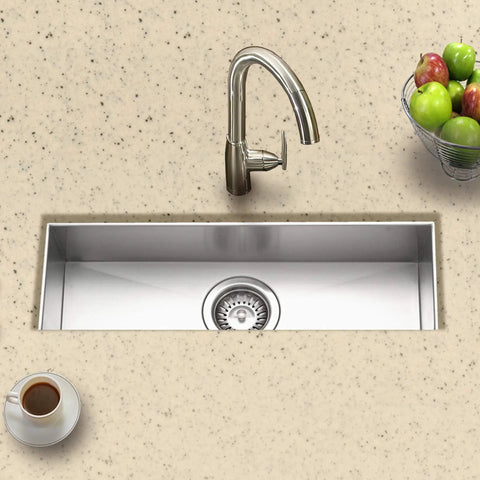 Overhead view of Contempo Trough Stainless Steel Kitchen Bar Sink Undermount 23 Inch with Strainer, installed in a countertop.
