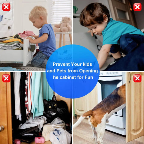 Image showing children and pets exploring drawers and cabinets, highlighting the need for Grab These 16 Pairs Of No Drill Stainless Steel Magnetic Door Catches With Killer Adhesive Grip For Your Kitchen Bathroom Closet Or RV Drawer Latch To Keep Everything Locked Tight Without Any Messy Drilling Required And Super Easy To Install Today.