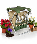 Garden Kneeler And Seat Folding Bench With Detachable Tote Organizer For Weeding And Yard Work, with gardening tools and plants