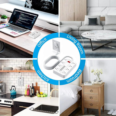 15 Ft Flat Plug Power Strip With 8 Widely Spaced Outlets And 6 USB Ports Including 1 USB C Surge Protector Wall Mountable Charging Station For Dorm Home Or Office White shown in various home settings