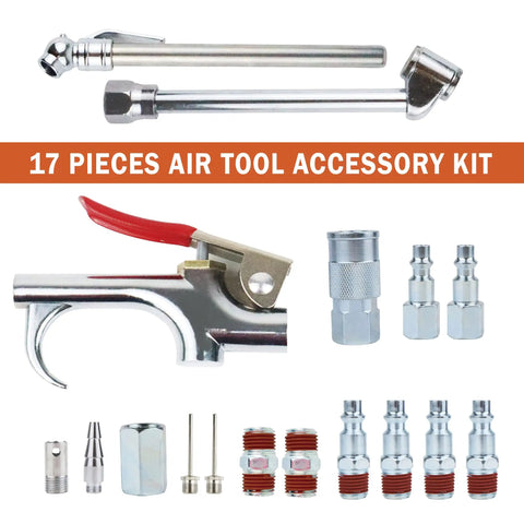 17 Piece Air Compressor Hose Kit 3/8 Inch x 25ft PVC Air Tool Accessories Set with various fittings and inflating tools
