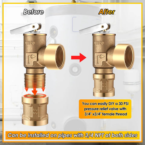 Gulfmew brass 30 PSI pressure relief valve with 3/4 in NPT female thread adapter and side outlet.