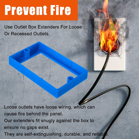 Image of outlet box extender preventing fire risk; Six Pack One Half Inch Single Gang Outlet Box Extenders With Twenty Screws For Receptacles And Switches Blue Keeps Walls Neat And Flush No Hassle Easy Install Durable Receptacle Extender Kit visible.