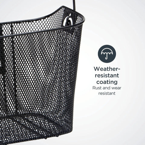 Close-up of Quick Release Wire Bike Basket For Adults Black showing weather-resistant coating and mesh design.