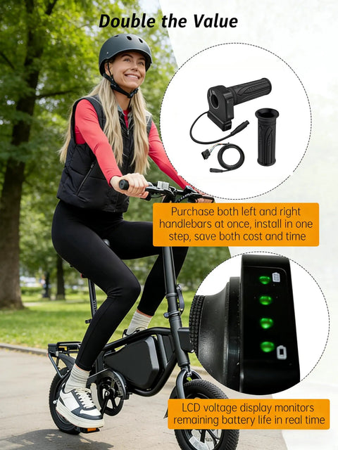 Woman riding e-bike showcasing 48V Electric Bike Twist Throttle Grip With LCD Voltage Display And Cruise Control 6 Pin Connector