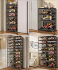 Six Tier Foldable Shoe Rack For Closet Holds 12 To 24 Pairs With Doors And Plastic Stackable Boxes in different settings, black