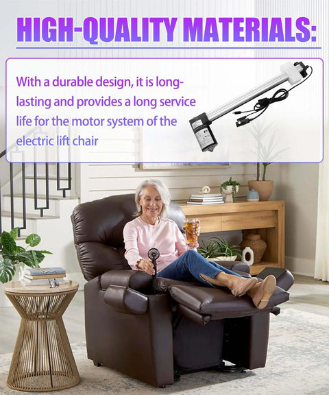 KDPT007 Recliner Linear Actuator Electric Motor Replacement For Power Lift Chairs Top Shelf Heavy Duty Glide Mechanism shown in a cozy lift chair.