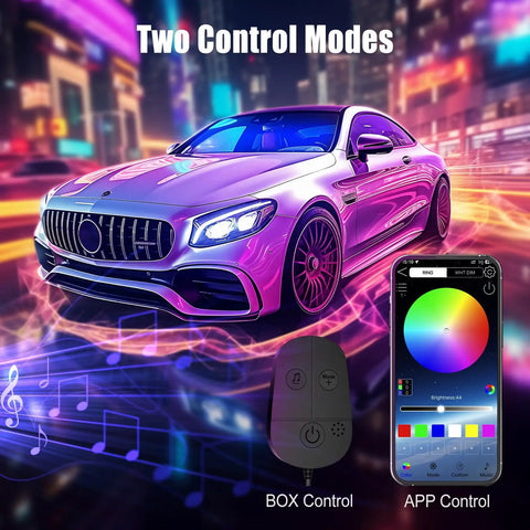Sport car with ambient lighting illustrating RGB Car Interior Lights With App Control And Music Sync USB Under Dash LED Strips.