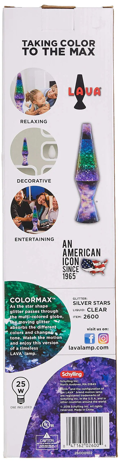 Box of Colormax 14.5 Inch Galaxy Motion Lamp With Silver Glitter Liquid And Clear Fluid Tri Color Globe Galaxy Base Decor