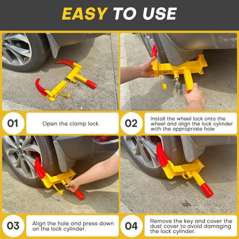Instructions on using Heavy Duty Wheel Clamp Lock For Cars Trucks Trailers And SUVs Adjustable Universal Tire Lock With 3 Keys Anti Theft Security Durable Steel Construction Soft Coated Clamp Red