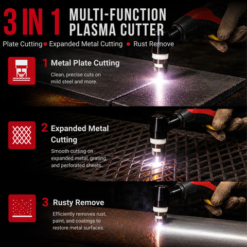 55A Pilot Arc Plasma Cutter With Rust Removal Mode and Non-Touch Torch Ignition in action on metal surfaces
