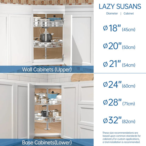 Diagram showing 28 Inch Chrome Corner Cabinet Lazy Susan Full Circle Rotating Rack for Corner Base Kitchen Easy Reach Replacement Shelves.