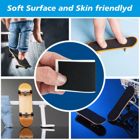 Collage showing 30 Sheets Fingerboard Foam Grip Tape 38mm By 110mm Soft Black Non Slip Grip For Tricks And Grinds with fingerboards.