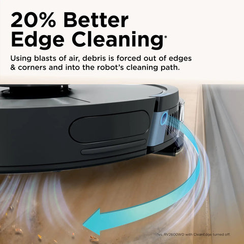 Matrix Plus 2in1 Robovac And Mop With Sonic Mopping Matrix Clean Smart Home Mapping HEPA Bagless Self Empty Base CleanEdge For Pet Hair WiFi Alexa Compatible Black And Gold demonstrating edge cleaning on floor.