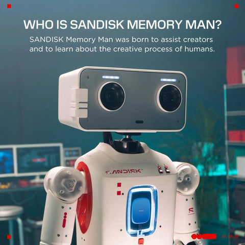 Robot labeled 'SANDISK Memory Man' in a tech lab with screens, designed to assist creators.
