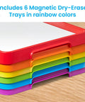 Stack of 6 colorful Magnetic Dry Erase Activity Trays For Kids Kid Friendly Stackable Whiteboards With Magnetic Letters Classroom Centers.