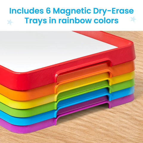 Stack of 6 colorful Magnetic Dry Erase Activity Trays For Kids Kid Friendly Stackable Whiteboards With Magnetic Letters Classroom Centers.