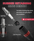Diagram of a spark plug with socket showing rubber retaining ring design, part of the Eight Piece Three Eighths Inch Drive Spark Plug Socket Set With Magnetic Rail SAE And Metric Sizes Five Eighths Inch Three Quarter Inch Thirteen Sixteenths Inch Fourteen Millimeter Eighteen Millimeter Extension Bars And Universal Joint.
