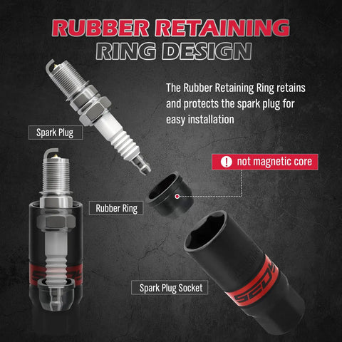 Diagram of a spark plug with socket showing rubber retaining ring design, part of the Eight Piece Three Eighths Inch Drive Spark Plug Socket Set With Magnetic Rail SAE And Metric Sizes Five Eighths Inch Three Quarter Inch Thirteen Sixteenths Inch Fourteen Millimeter Eighteen Millimeter Extension Bars And Universal Joint.