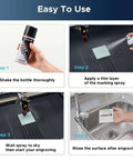 OMTech laser marking spray bottle, 8oz red for CO2 laser engravers; step-by-step usage shown.