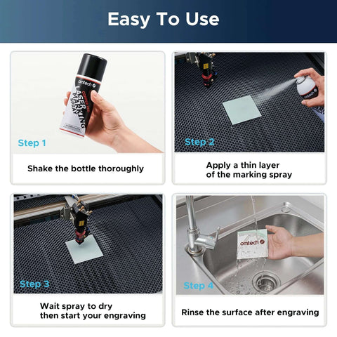 OMTech laser marking spray bottle, 8oz red for CO2 laser engravers; step-by-step usage shown.