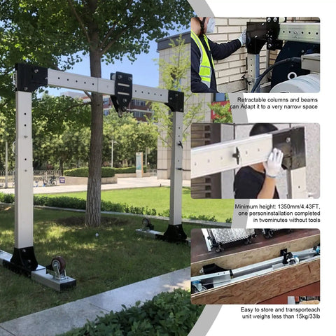 Heavy Duty Portable Gantry Crane Aluminum Frame 360 Swivel Wheels Adjustable Height Width Truck Mounted 1000Kg Capacity visible outdoors with retractable columns.
