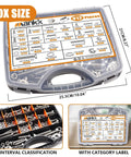 Portable toolbox with 312 Piece Hex Bolts And Nuts Kit In 304 Stainless Steel With Flat And Spring Washers, labeled compartments.