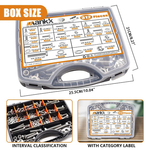 Portable toolbox with 312 Piece Hex Bolts And Nuts Kit In 304 Stainless Steel With Flat And Spring Washers, labeled compartments.