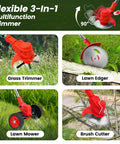 24V Cordless Weed Wacker With Three In One Trimmer Edger And Brush Cutter Includes Two Batteries And Charger Wheels For Easy Yard Work Made For Thick Weeds And Lawn Care shown in four functions: Grass Trimmer, Lawn Edger, Lawn Mower, Brush Cutter with red handle and adjustable angle.