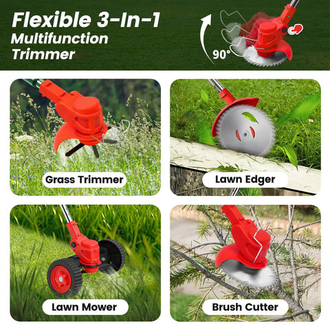 24V Cordless Weed Wacker With Three In One Trimmer Edger And Brush Cutter Includes Two Batteries And Charger Wheels For Easy Yard Work Made For Thick Weeds And Lawn Care shown in four functions: Grass Trimmer, Lawn Edger, Lawn Mower, Brush Cutter with red handle and adjustable angle.
