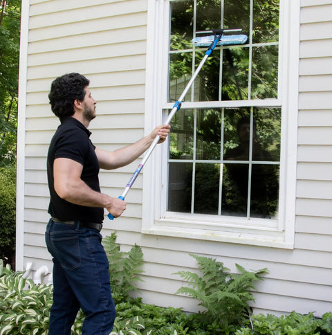 2 In 1 Squeegee And Scrubber Window Cleaning Tool With 14 Inch Blade And 8 Foot Connect And Clean Pole For Streak Free Glass Cleaning At Home Or Pro Jobs Microfiber Sleeve used on exterior window