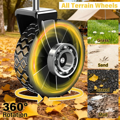 All Terrain Folding Utility Wagon With Wheels For Groceries Moving Sports And Garden Collapsible Cart Portable And Easy To Store 360 Degree Front Wheels Durable PU Tires Great For Yard Work And Shopping Hauls showcased by a wheel on various terrains.