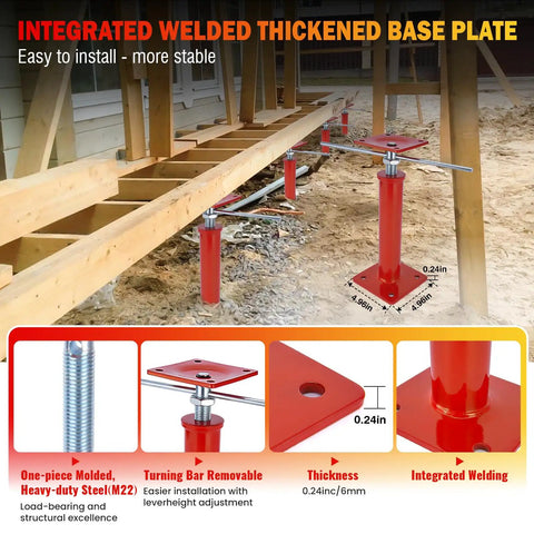 Beefy 4 Pack Adjustable House Jacks For Leveling 11 To 16 Inch Height Range 8820 Lbs Capacity Per Jack Galvanized Telescoping Support Jacks For Crawlspace And Basement installed supporting wooden beams with integrated welded base plates.