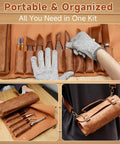 Wood Carving Kit 17Pcs With Whittling Knives And Detail Carving Tools For Beginners And Adults, leather roll bag shown
