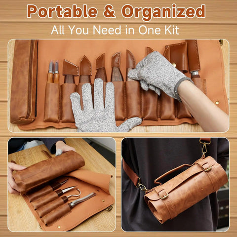 Wood Carving Kit 17Pcs With Whittling Knives And Detail Carving Tools For Beginners And Adults, leather roll bag shown