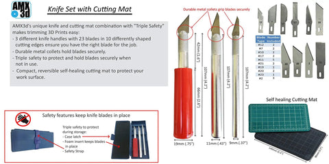 Pro Grade 3D Printer Tool Kit with various cutting blades, red handle knife, and self-healing mat visible in knife set image.